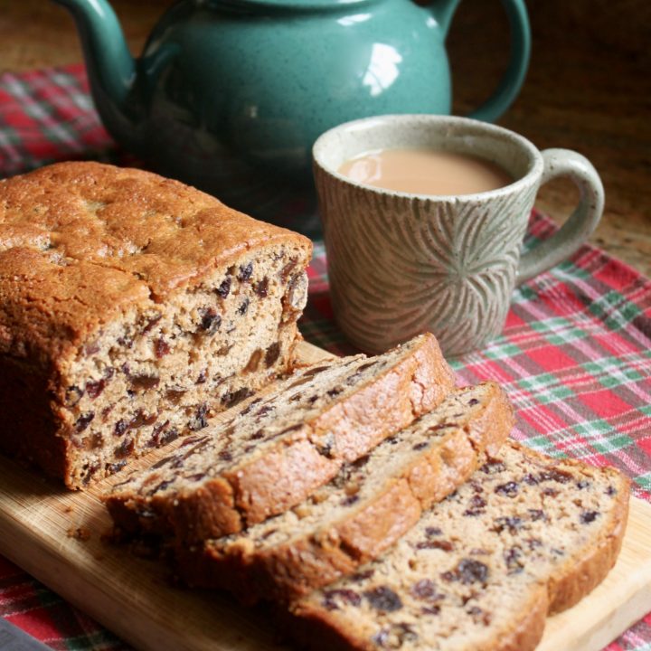 gluten free tea bread with mug of tea and teapot