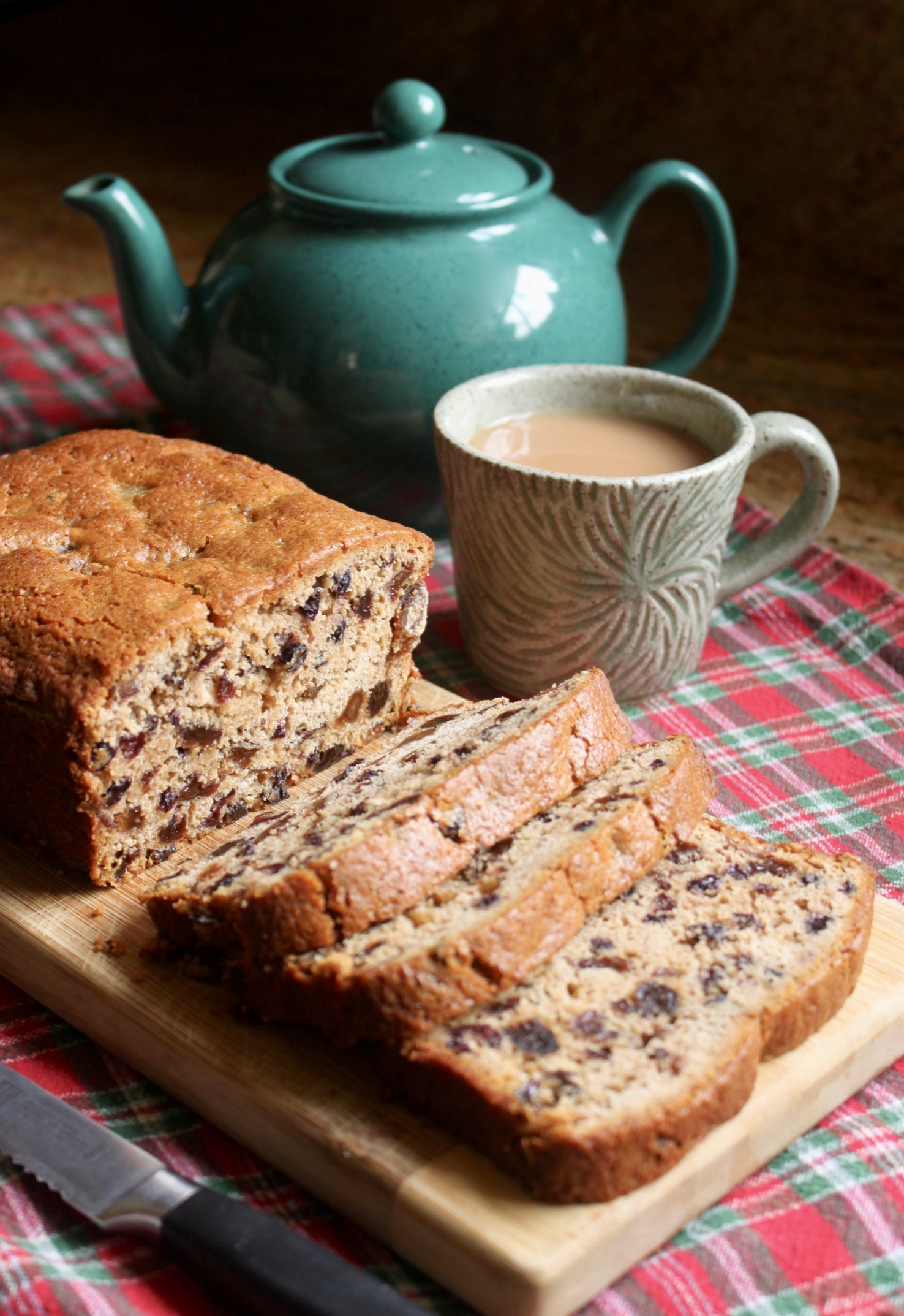 gluten free tea bread with mug of tea and teapot