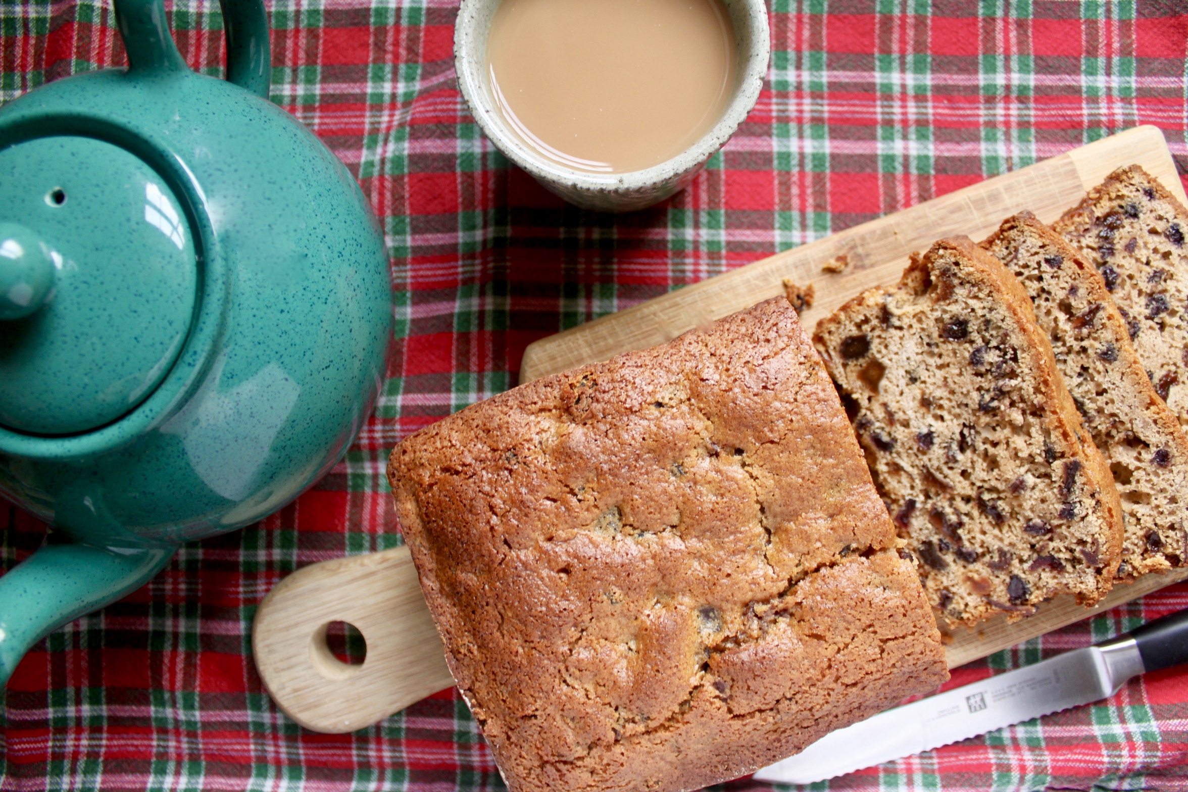 gluten free tea bread with mug of tea and teapot