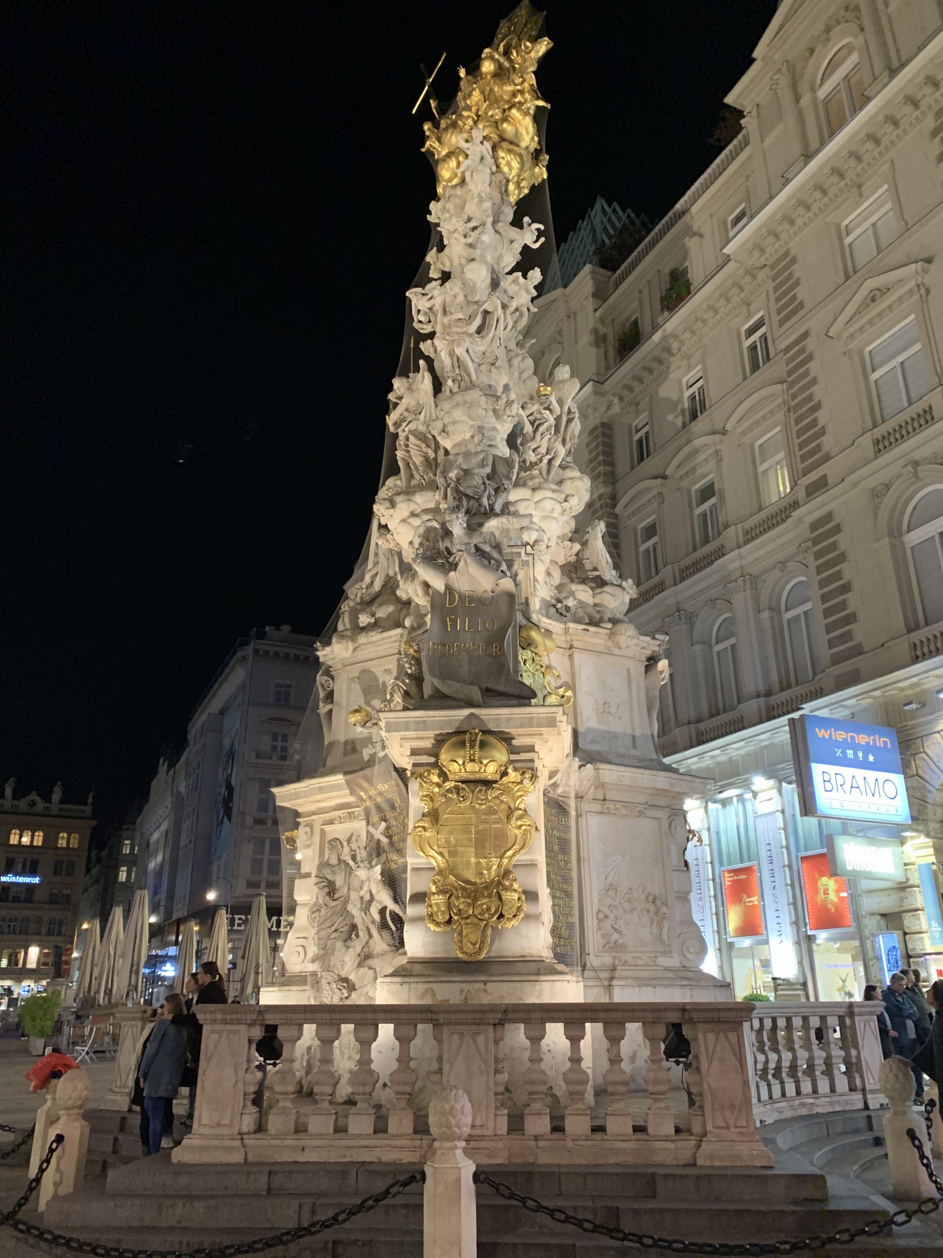 beautifully ornate fountain in Vienna lit up at night