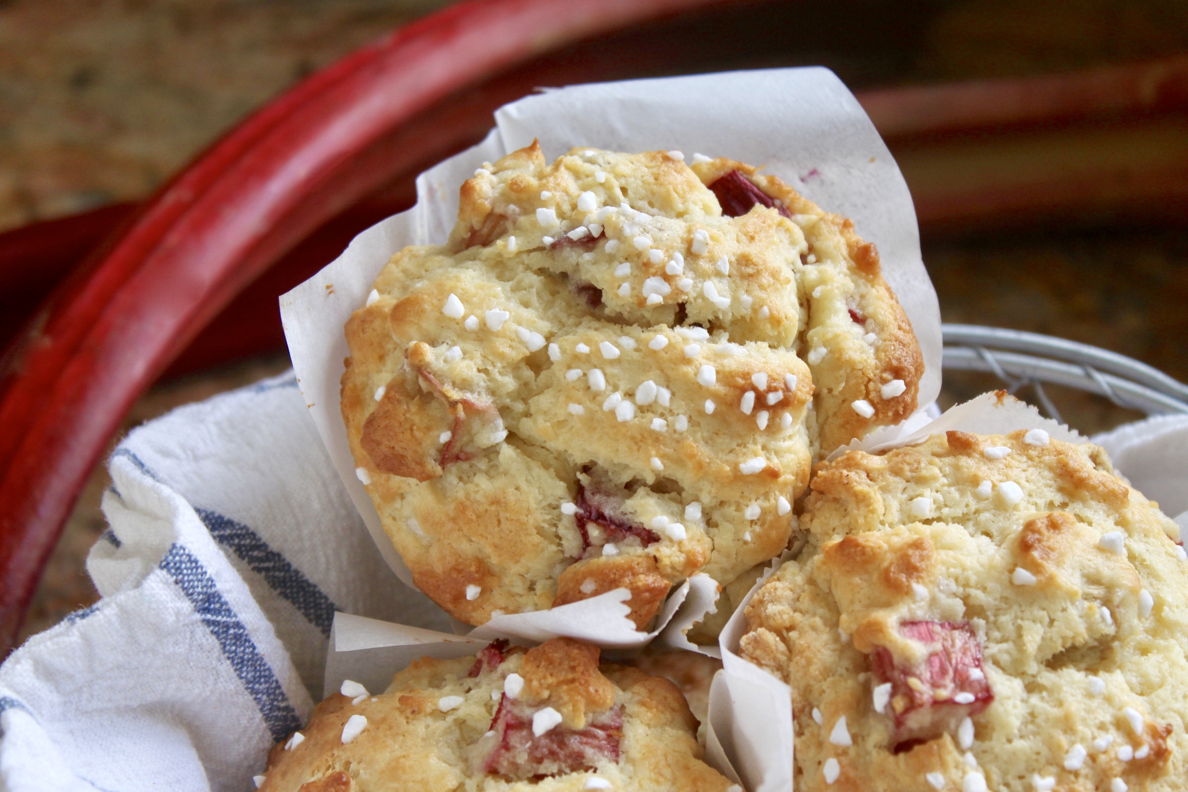 rhubarb yogurt muffins in a basket