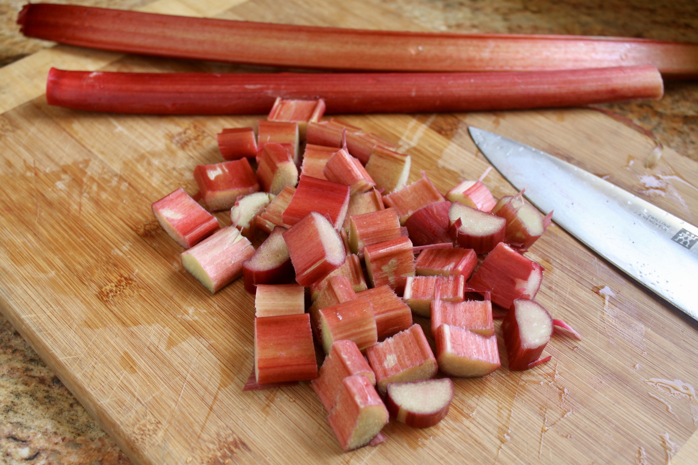 chopped rhubarb on a cutting board