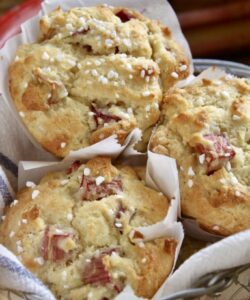 rhubarb muffins in a basket (here)