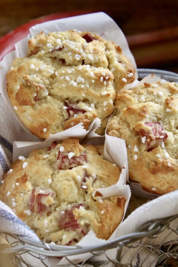 rhubarb muffins in a basket (here)