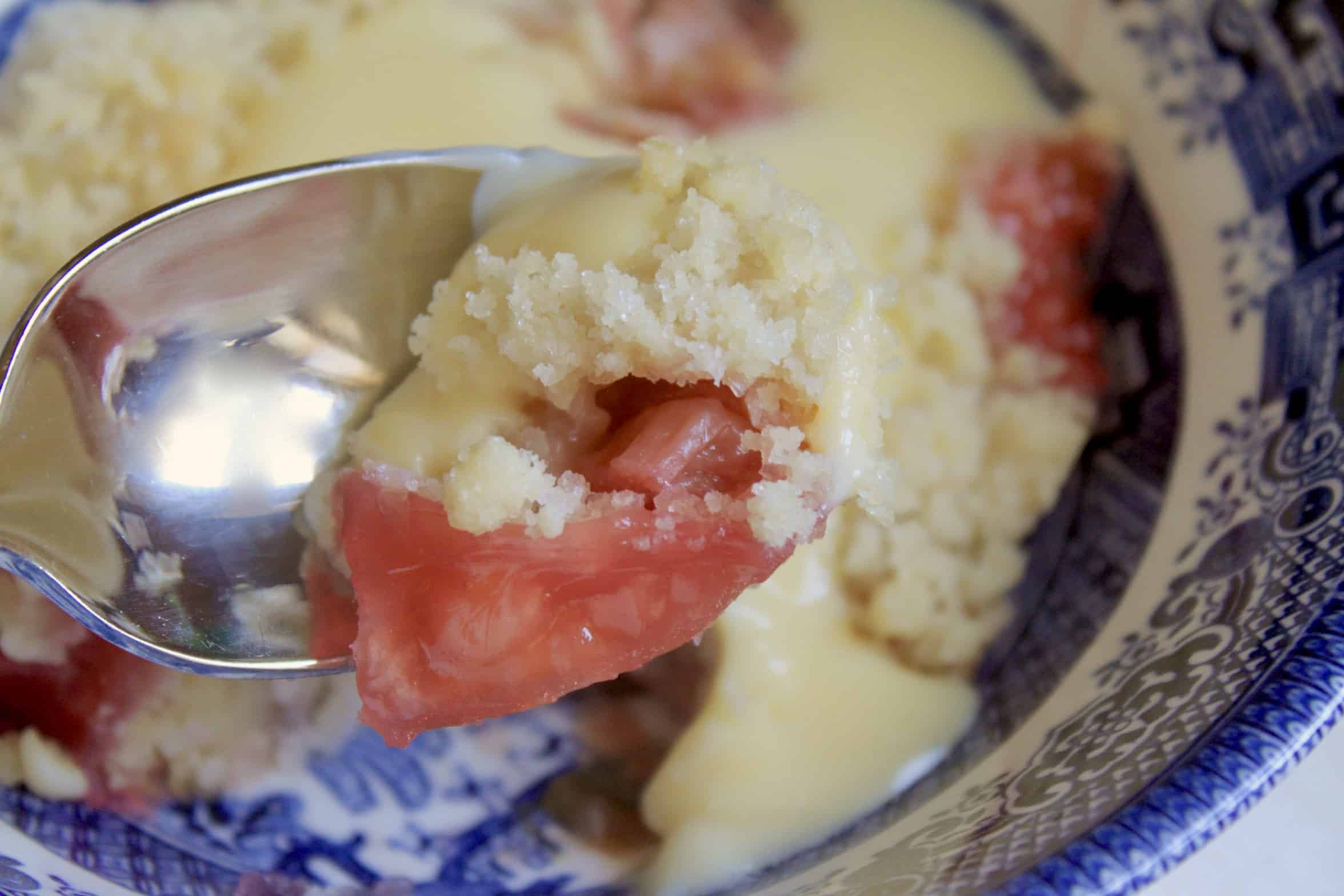 rhubarb crumble on a spoon