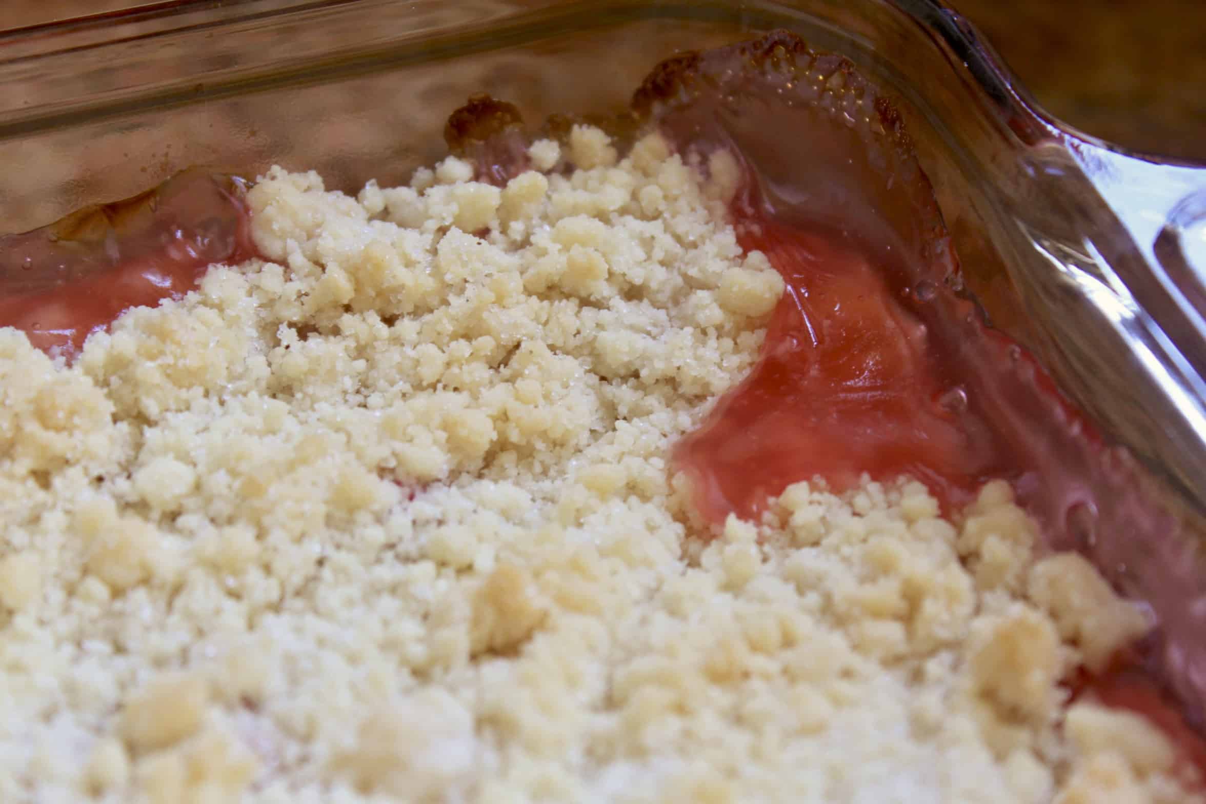 rhubarb crumble out of the oven
