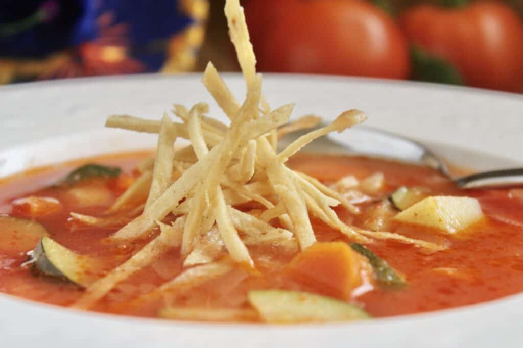 closeup easy tortilla soup in a bowl