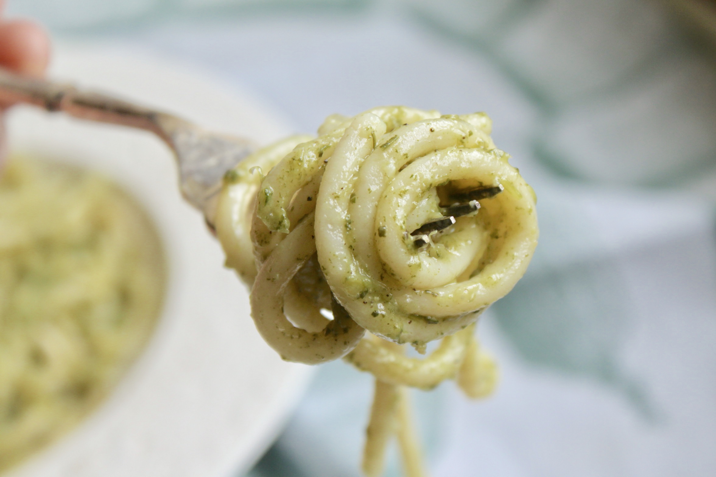 pasta cacio e pepe with dandelion on a plate with a fork