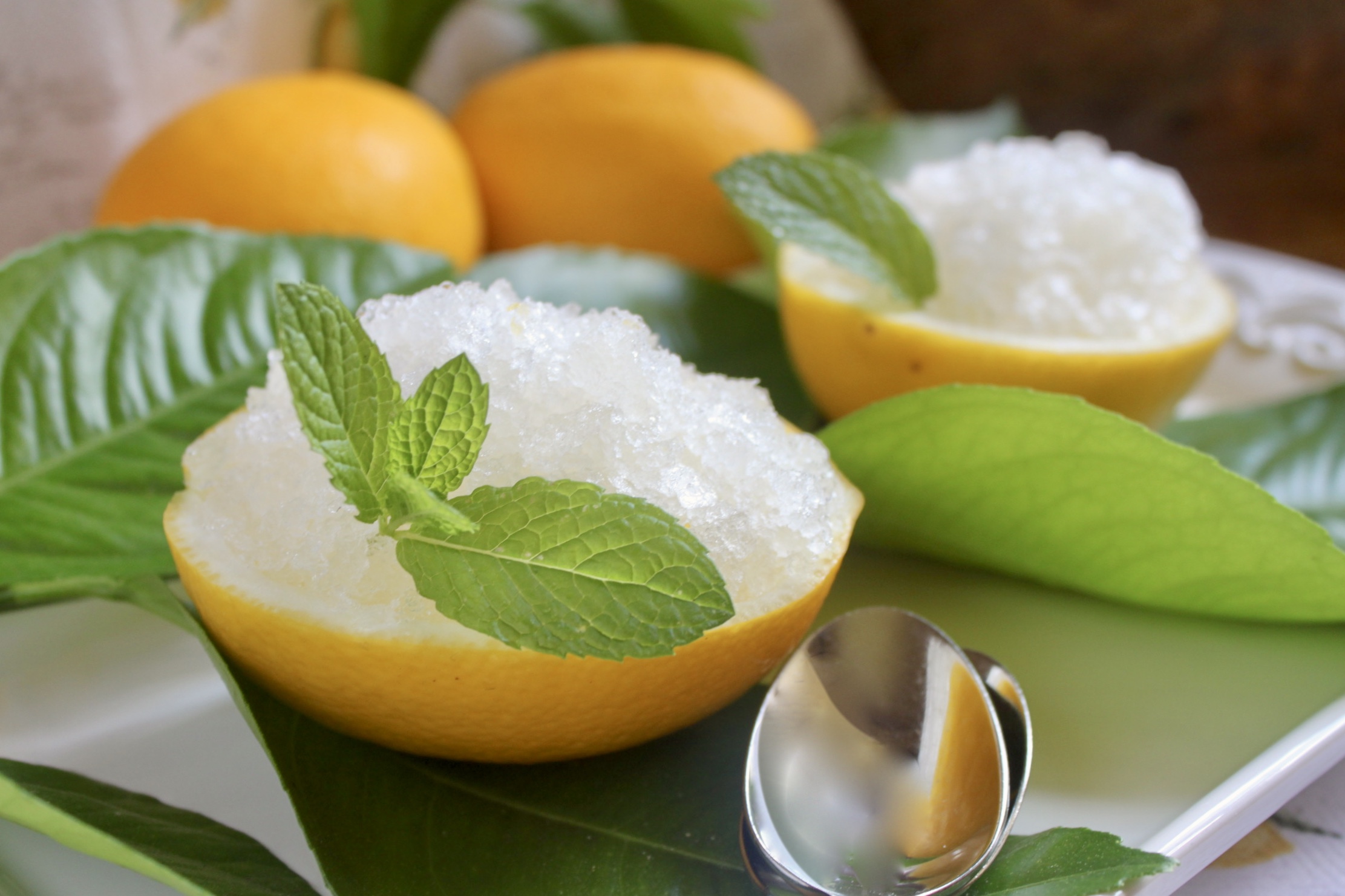 Lemon granita in lemon shell