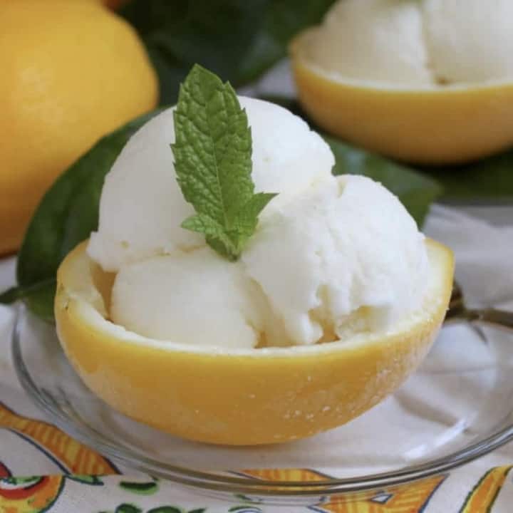 lemon ice cream in a frozen lemon rind