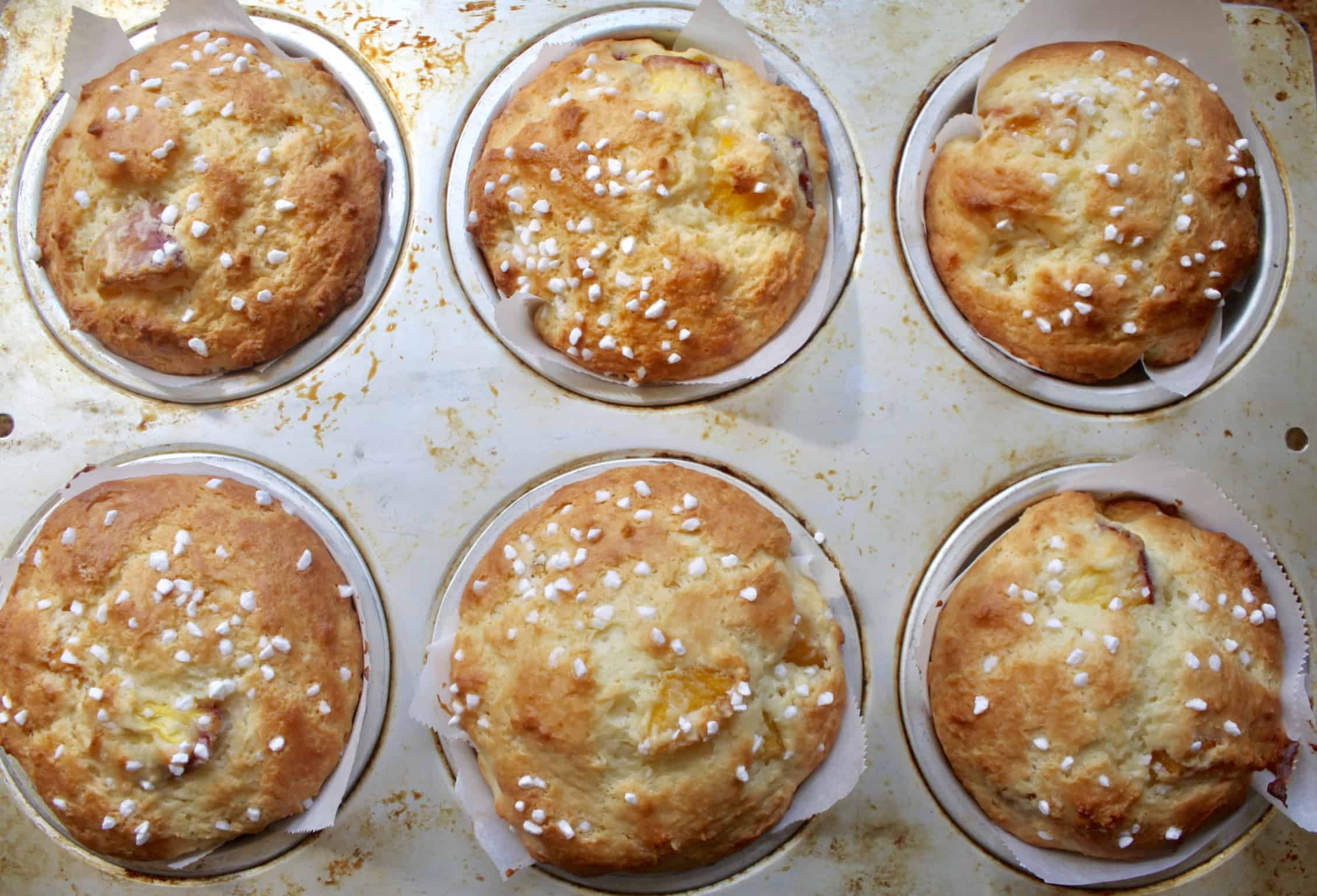 peach muffins in a tray