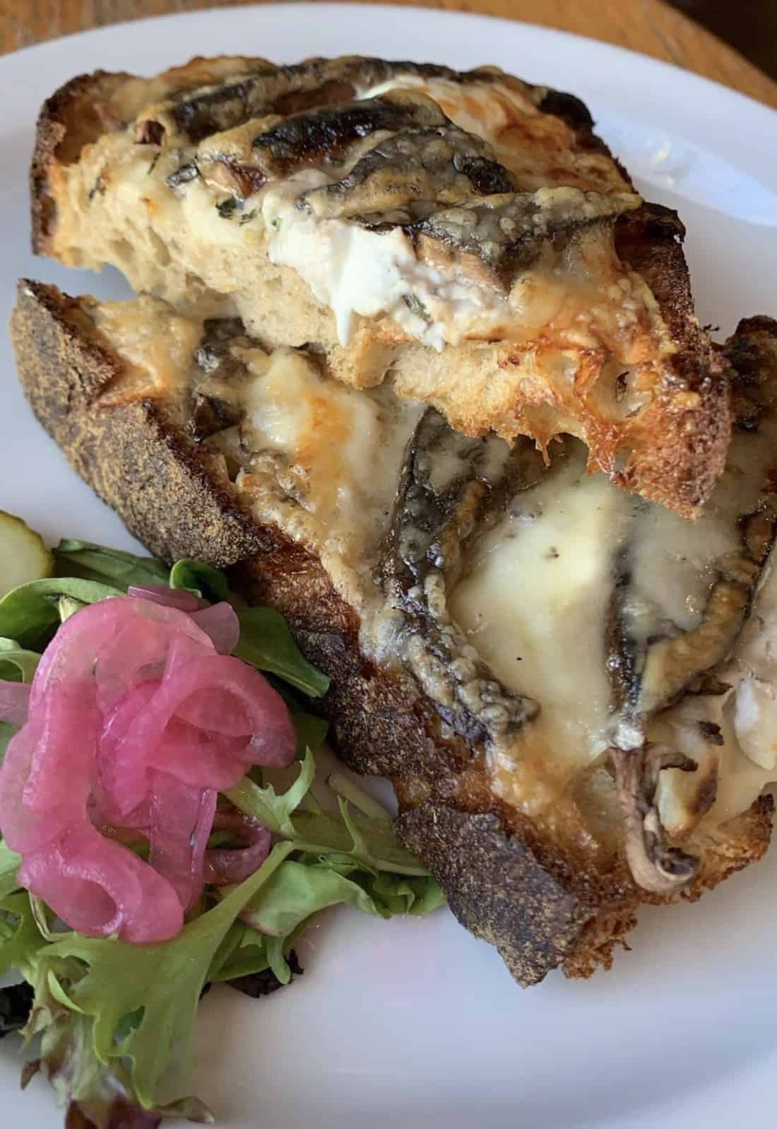 croque monsieur with goat cheese and portabello mushrooms