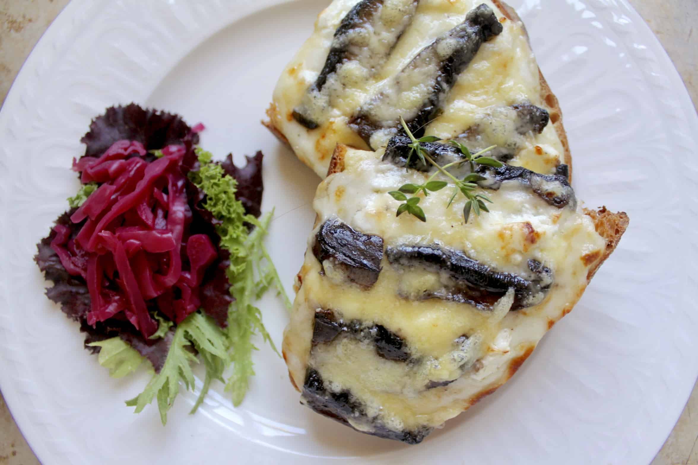 croque monsieur with cheese and mushrooms