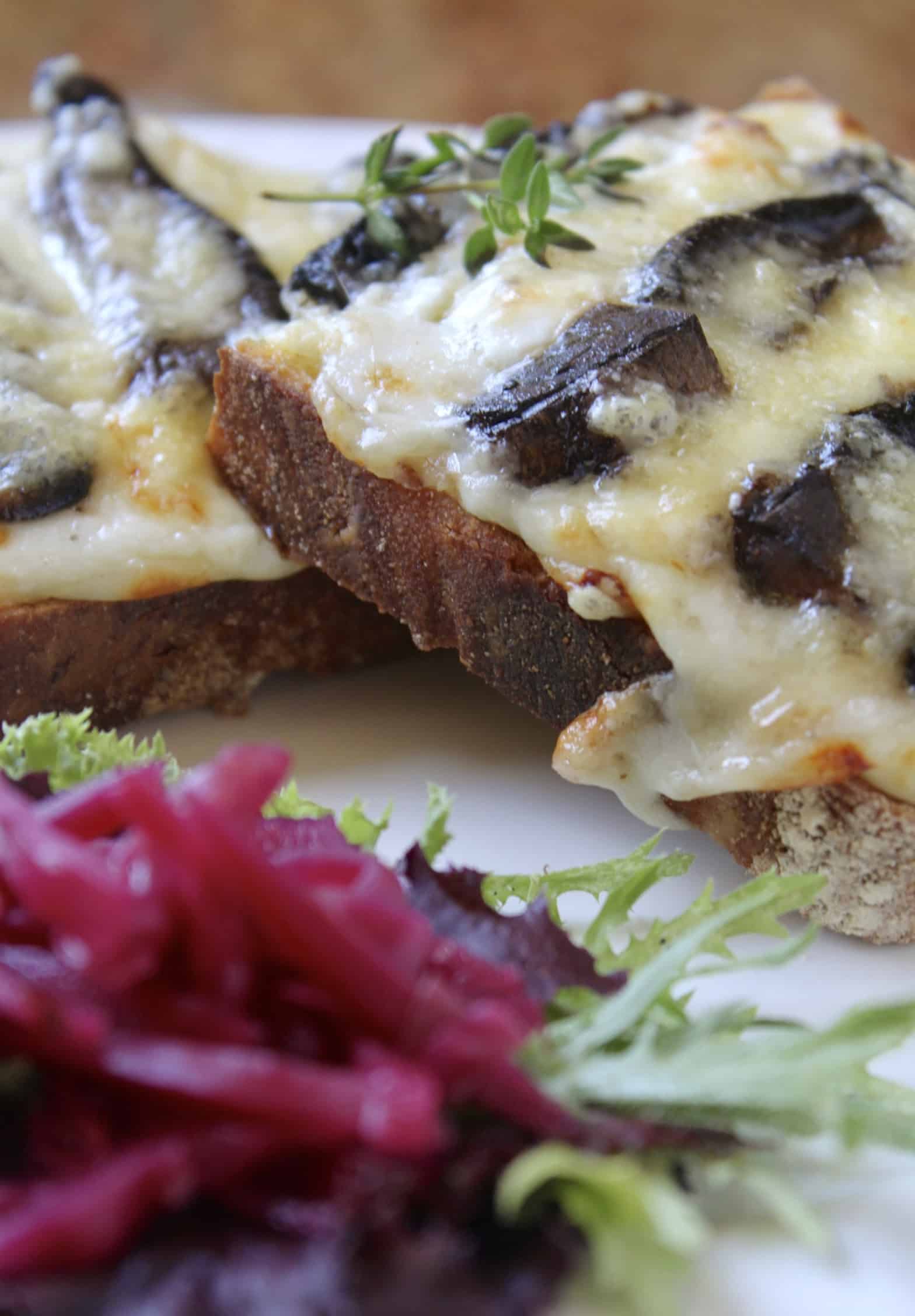 croque monsieur with cheese and mushrooms