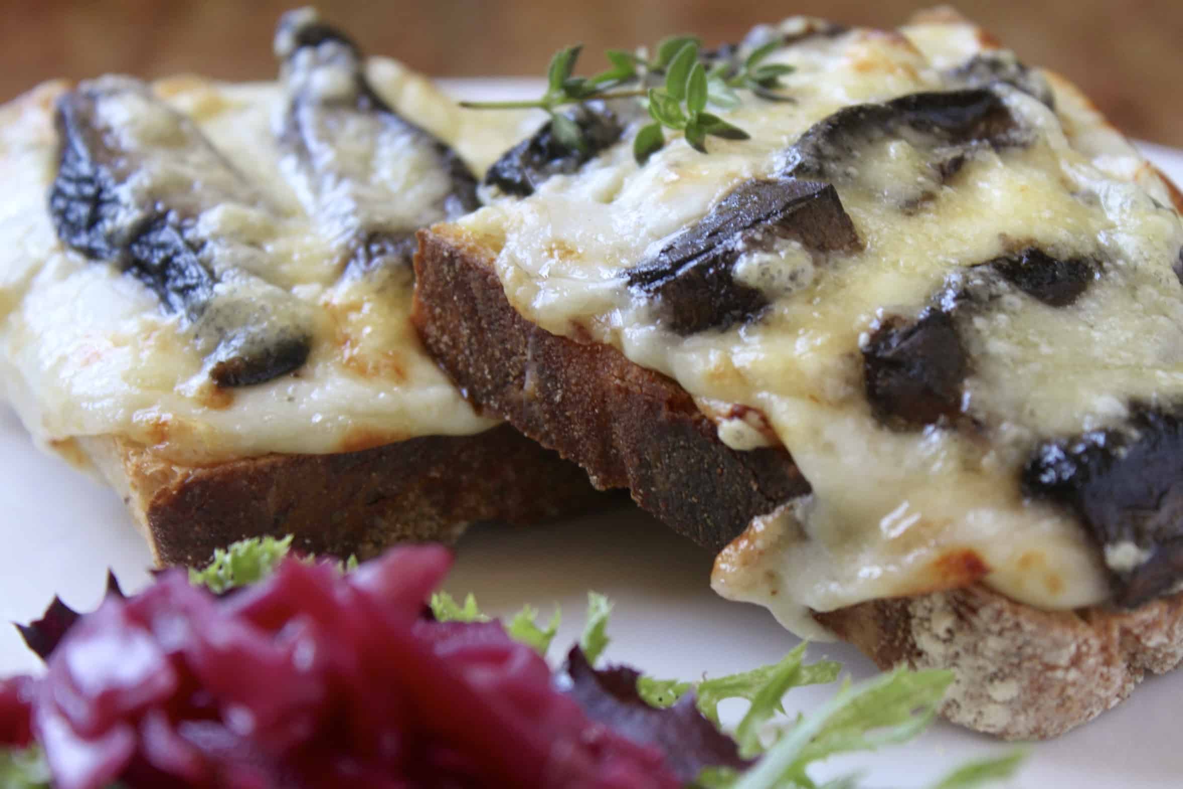 croque monsieur with cheese and mushrooms