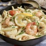 seafood pasta in a cast iron pan