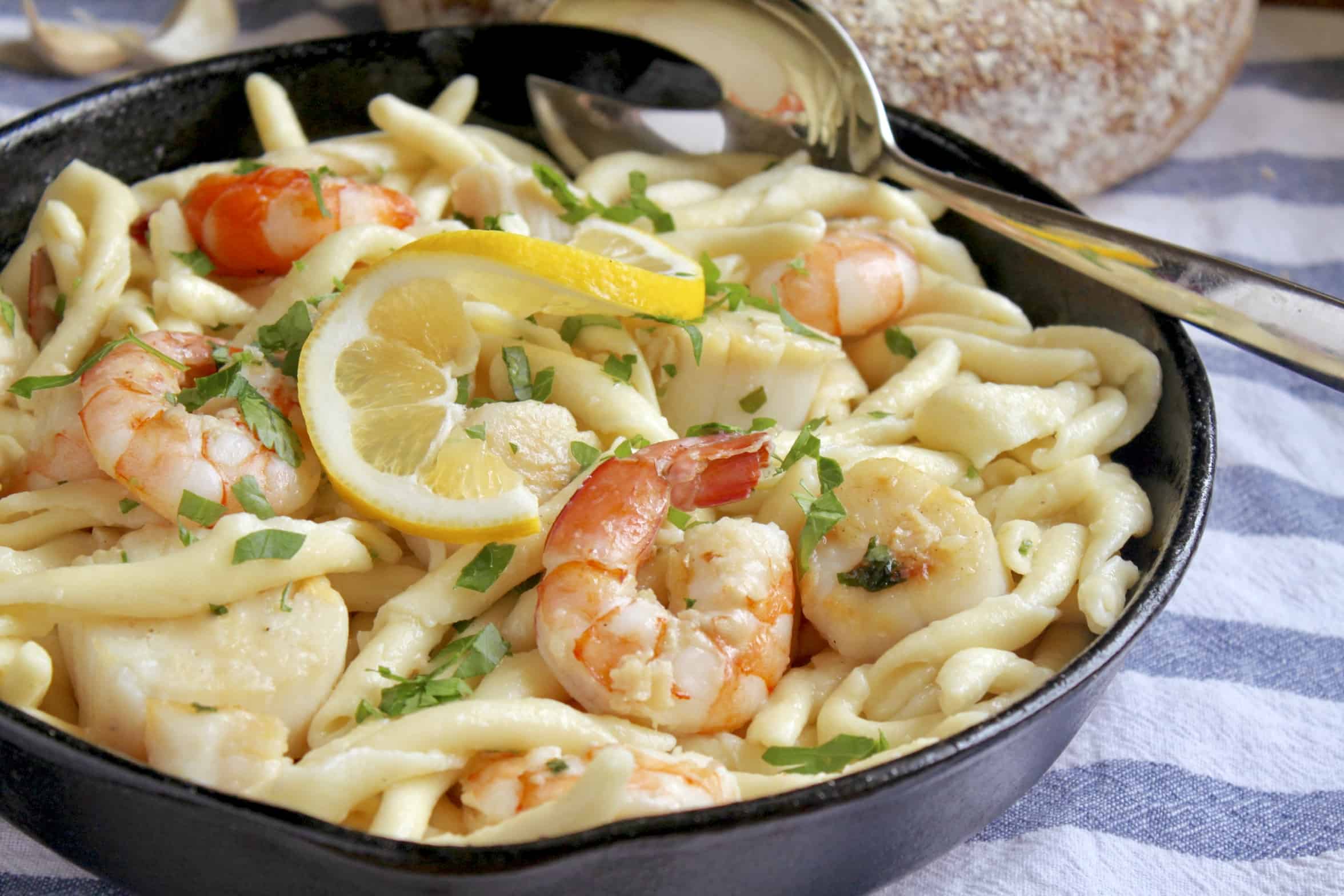seafood pasta in a cast iron pan