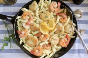 overhead seafood pasta in pan