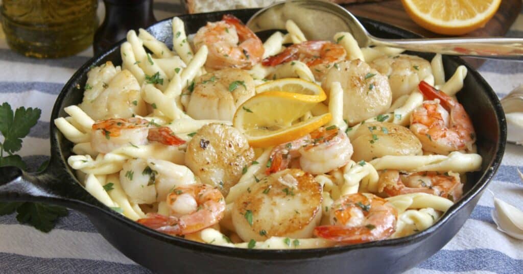 seafood pasta in a cast iron pan