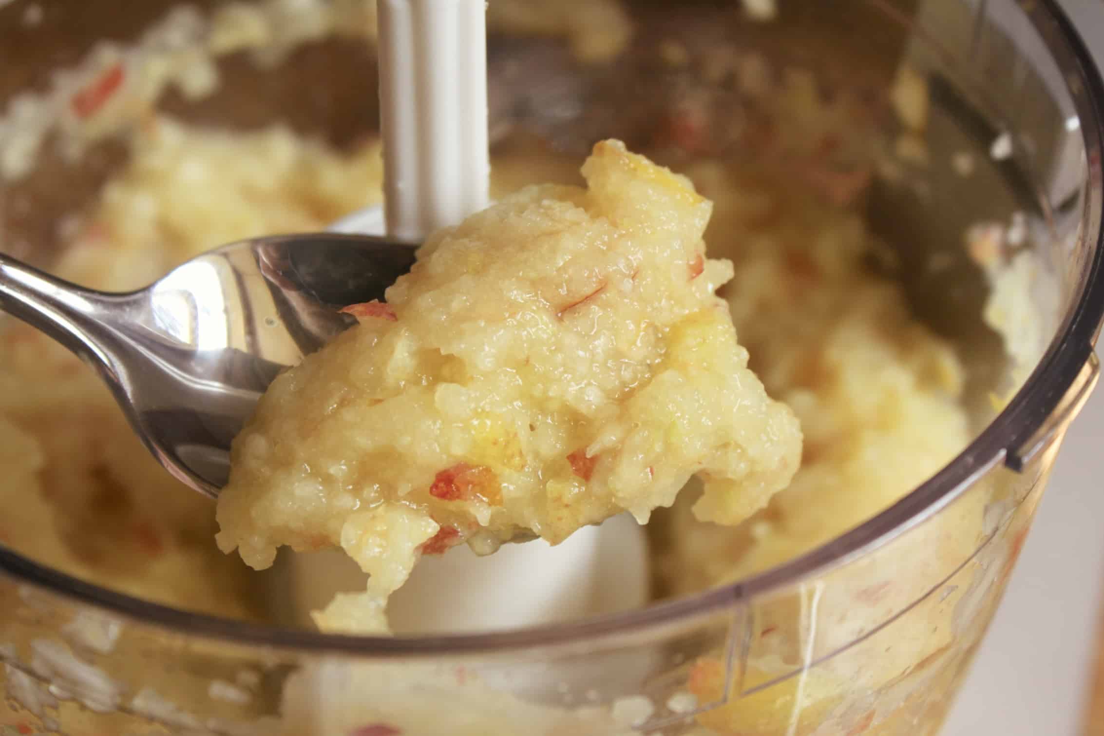 processed apples on a spoon