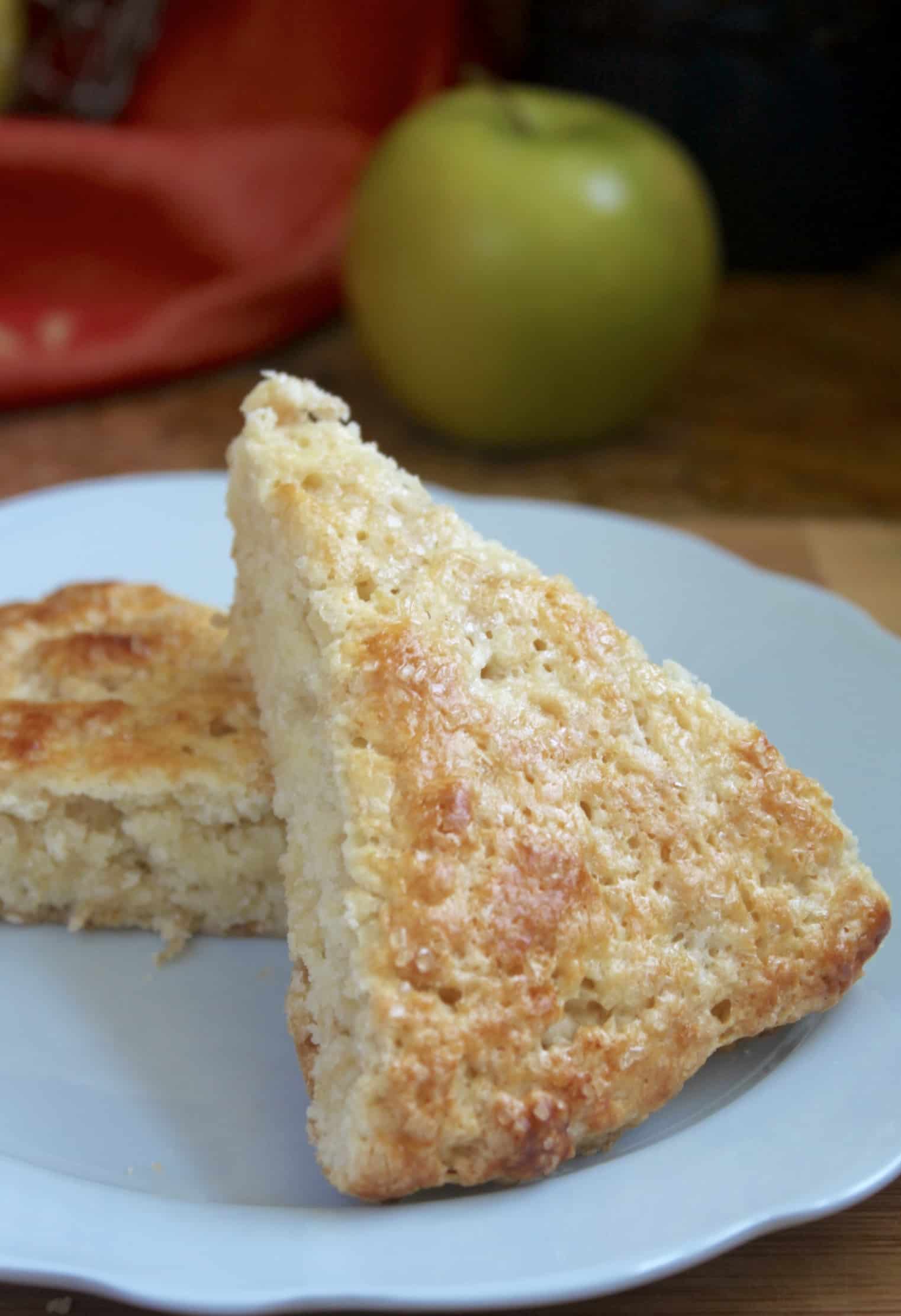 two apple scones on a blue plate