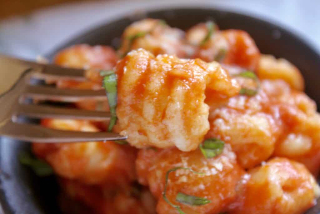 potato gnocchi, with one on a fork