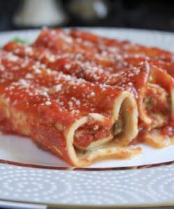 three manicotti on a fine china plate