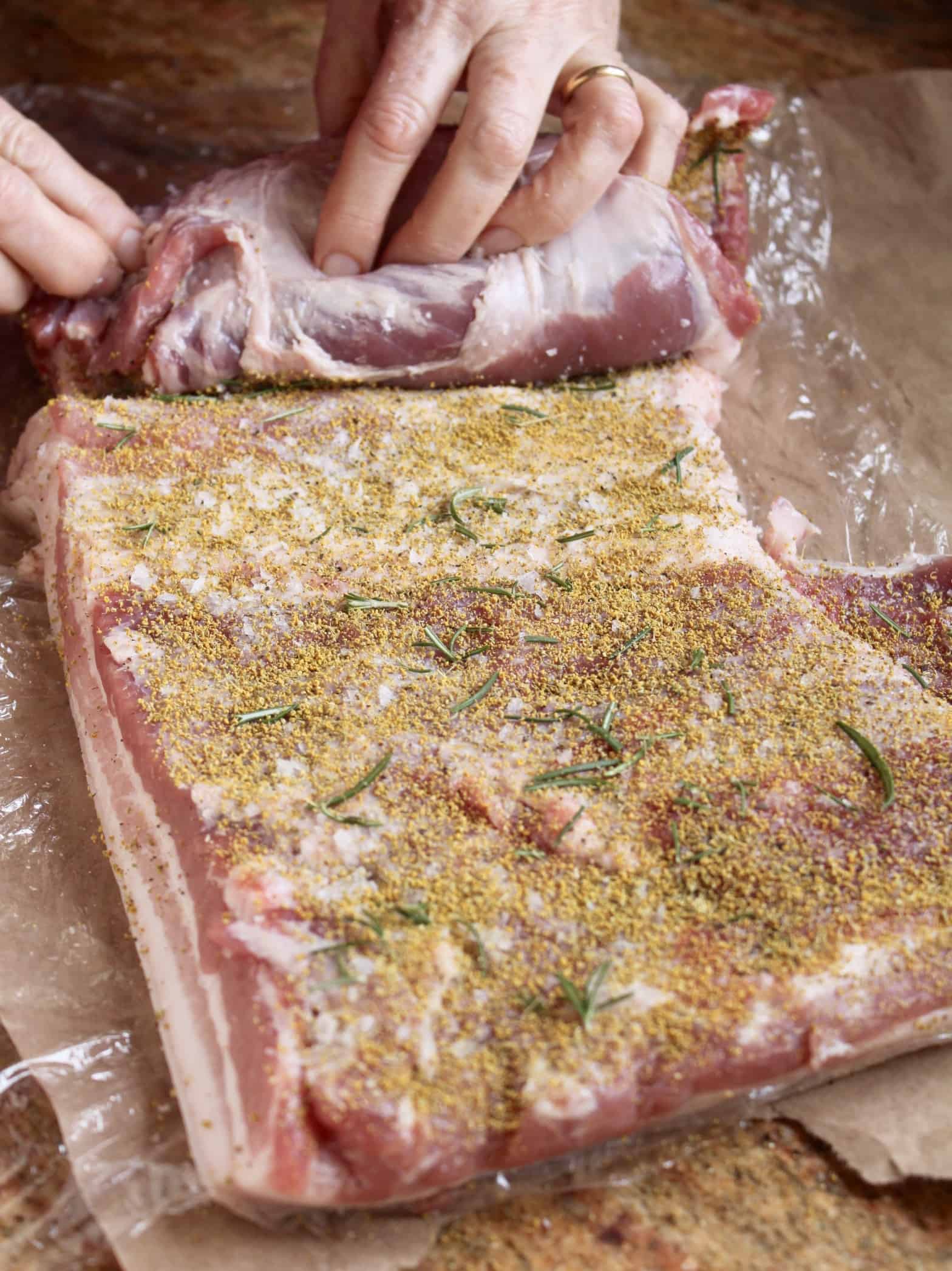 rolling a pork belly