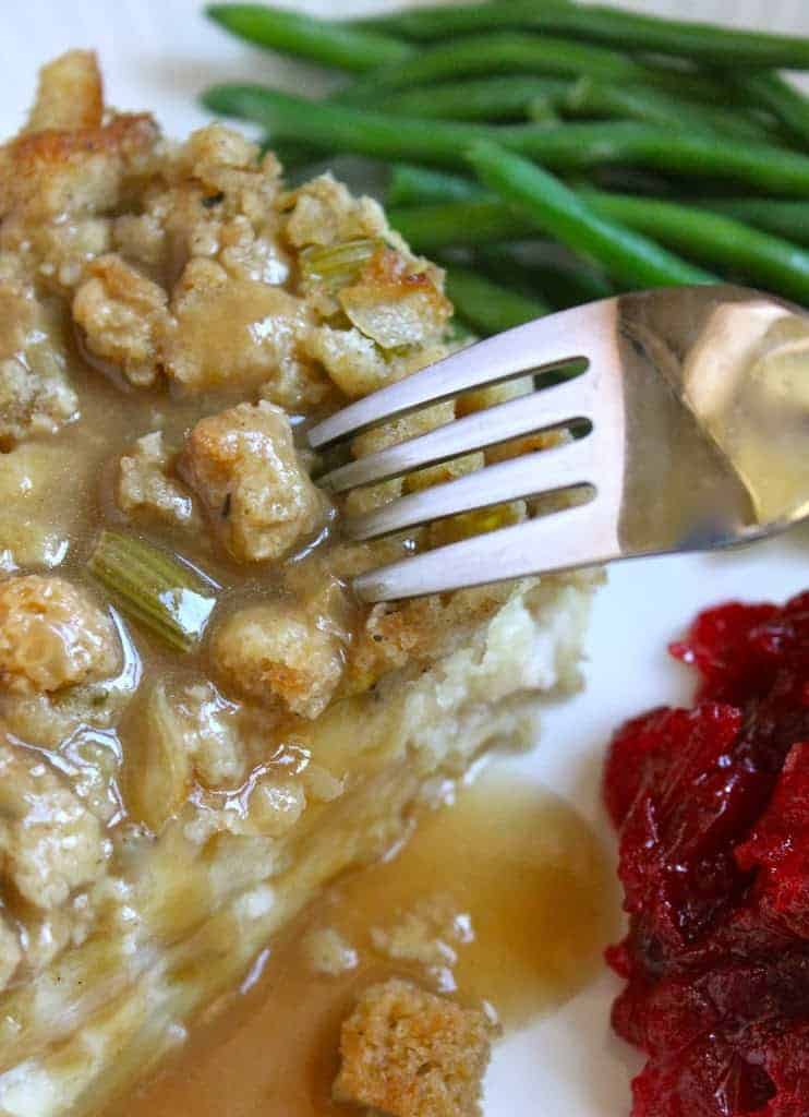Genius Turkey Potato Stuffing Layered Leftovers on a plate genius turkey and stuffing potato layered leftovers recipe