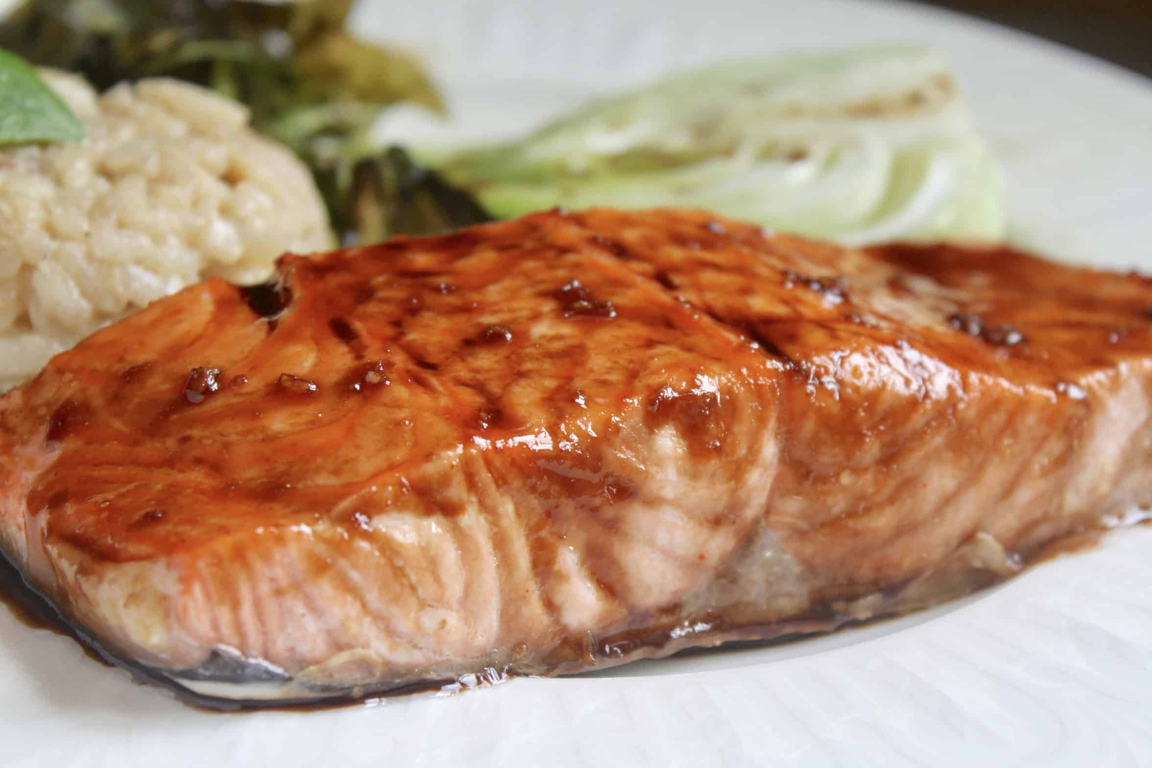 maple glazed salmon with bok choy and rice