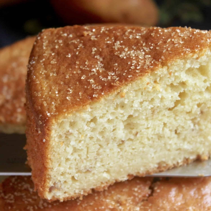 pear cake slice on a knife