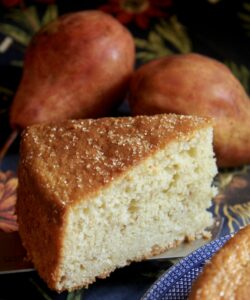 pear cake slice on a knife