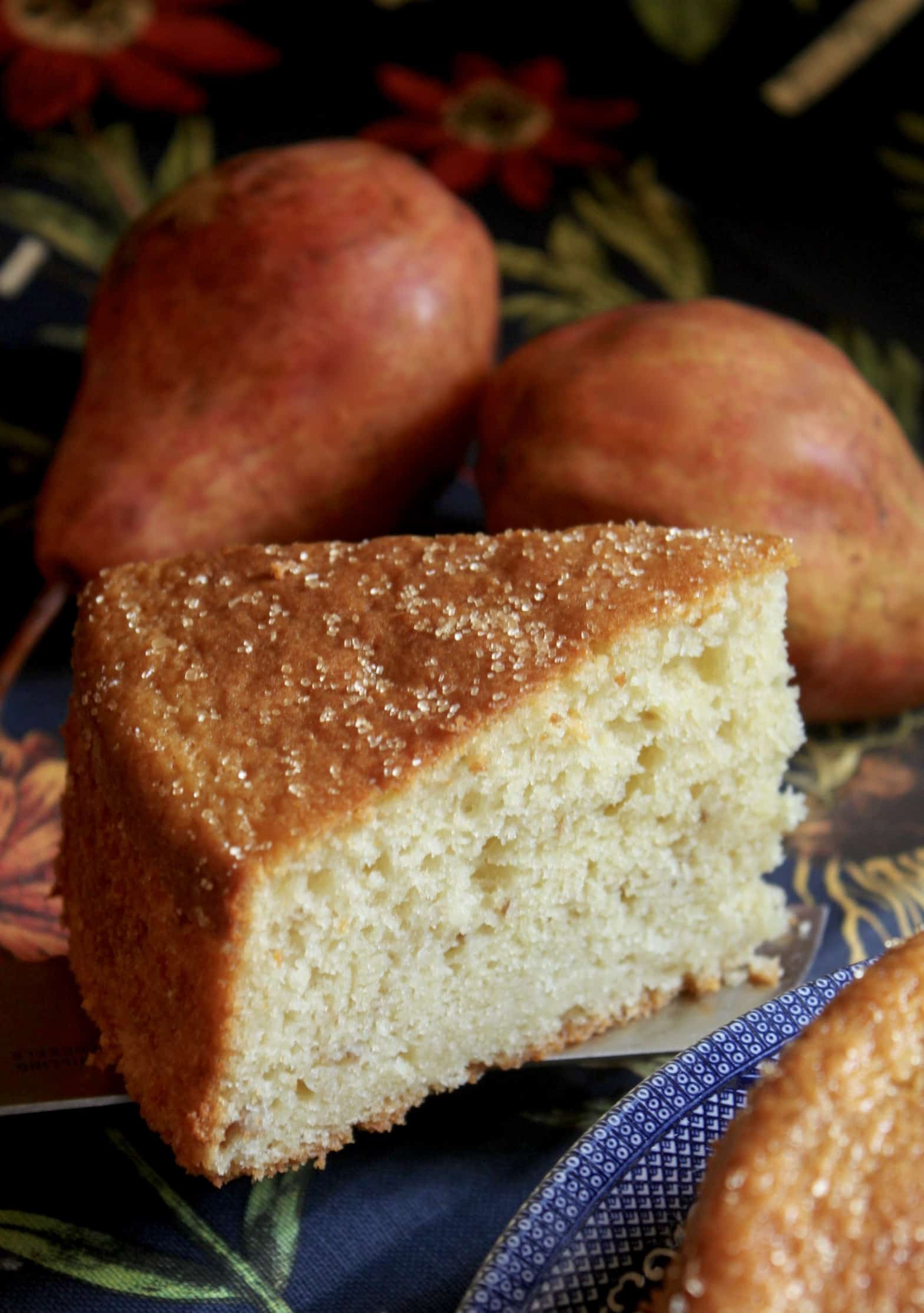 pear cake slice on a knife