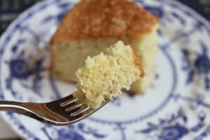 piece of pear cake on a fork