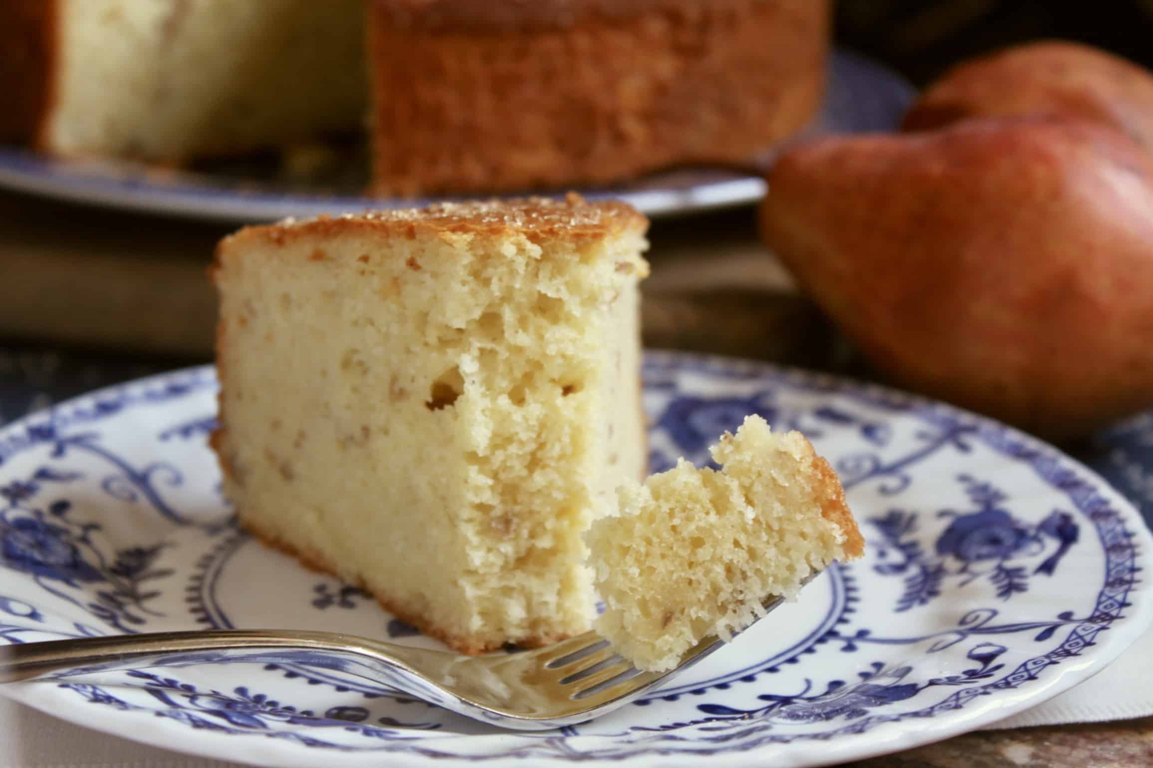 pear cake slice with forkful of cake