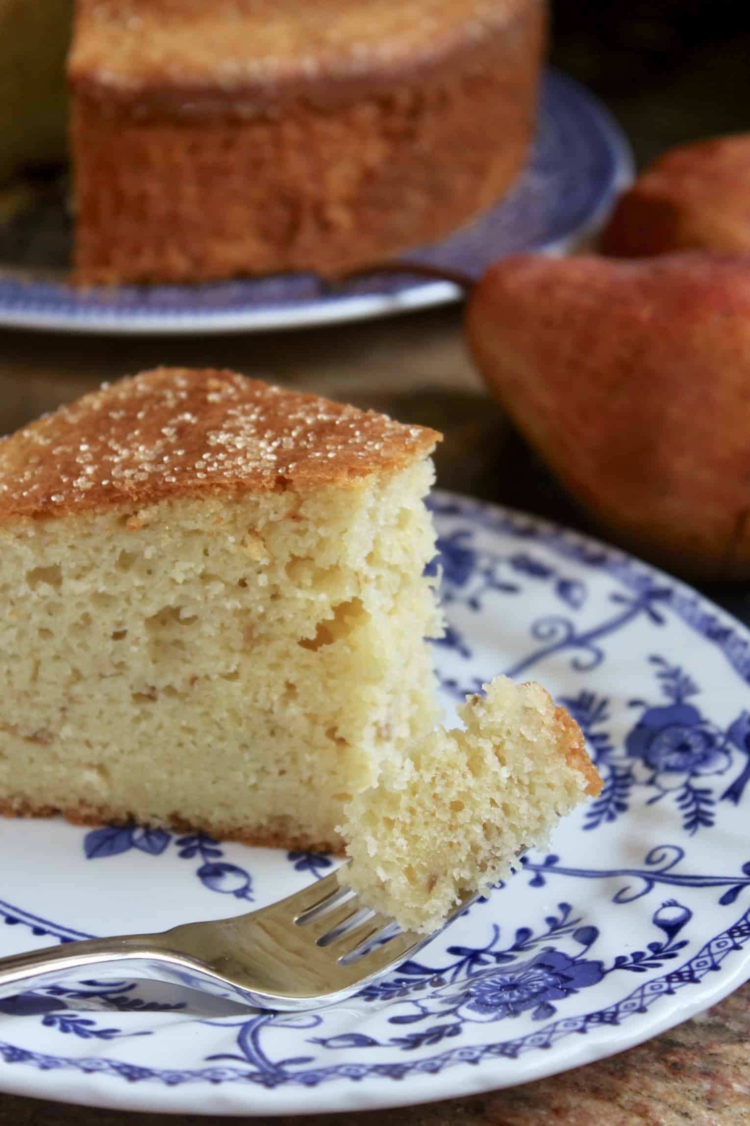 pear cake slice with forkful of cake