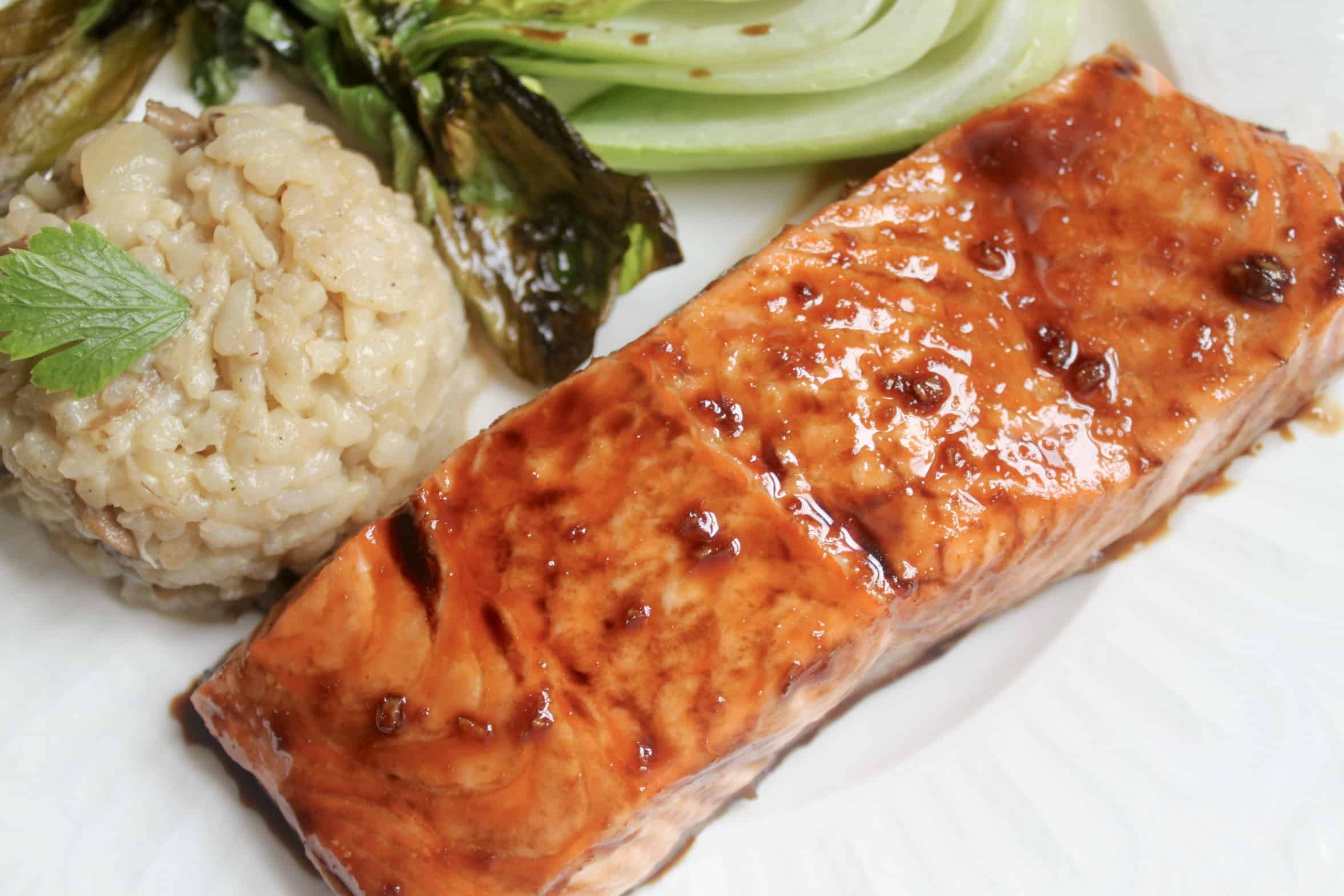 maple glazed salmon with bok choy and rice