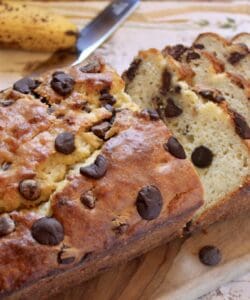 chocolate chip banana bread on board