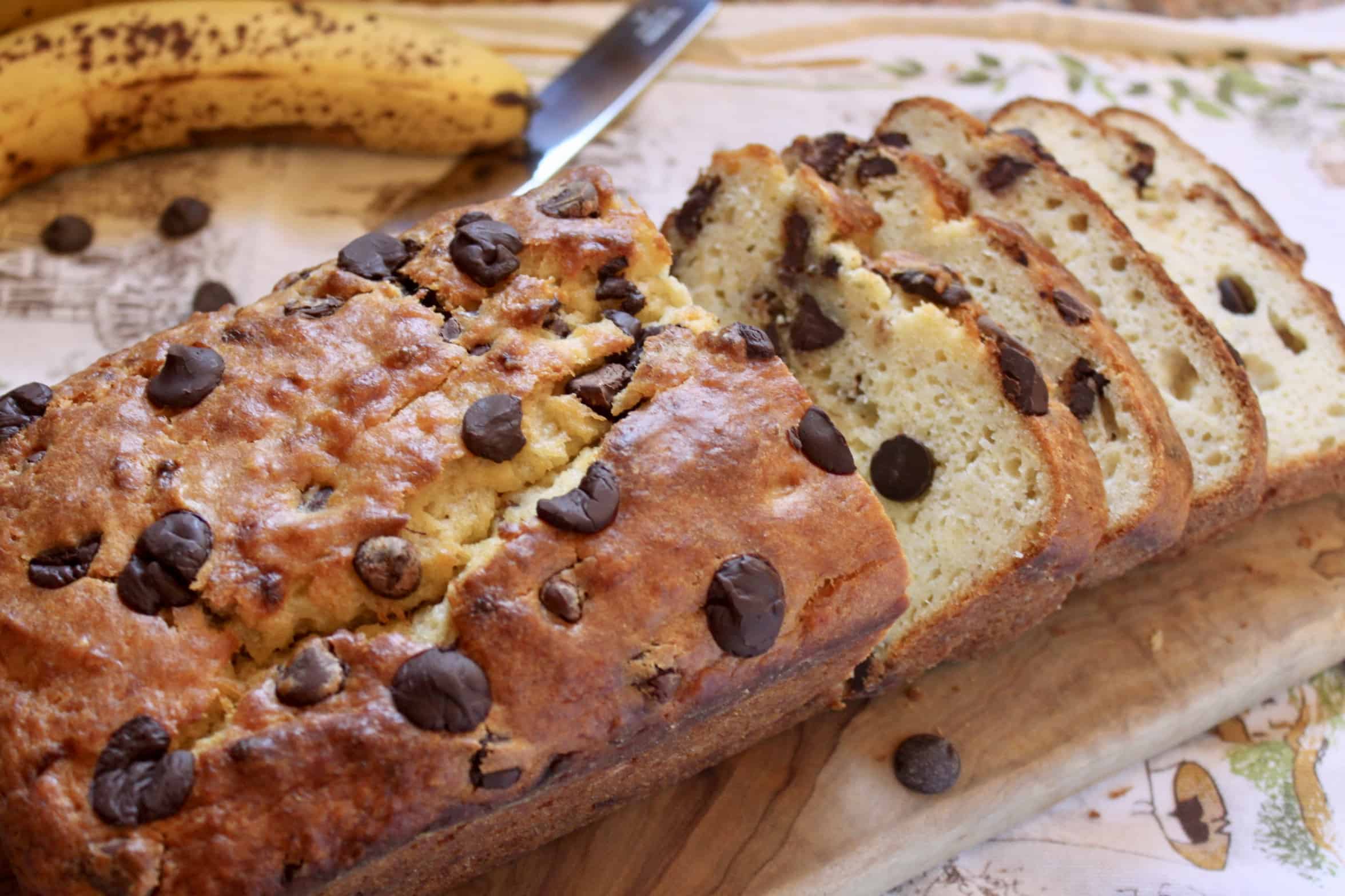 chocolate chip banana bread on board