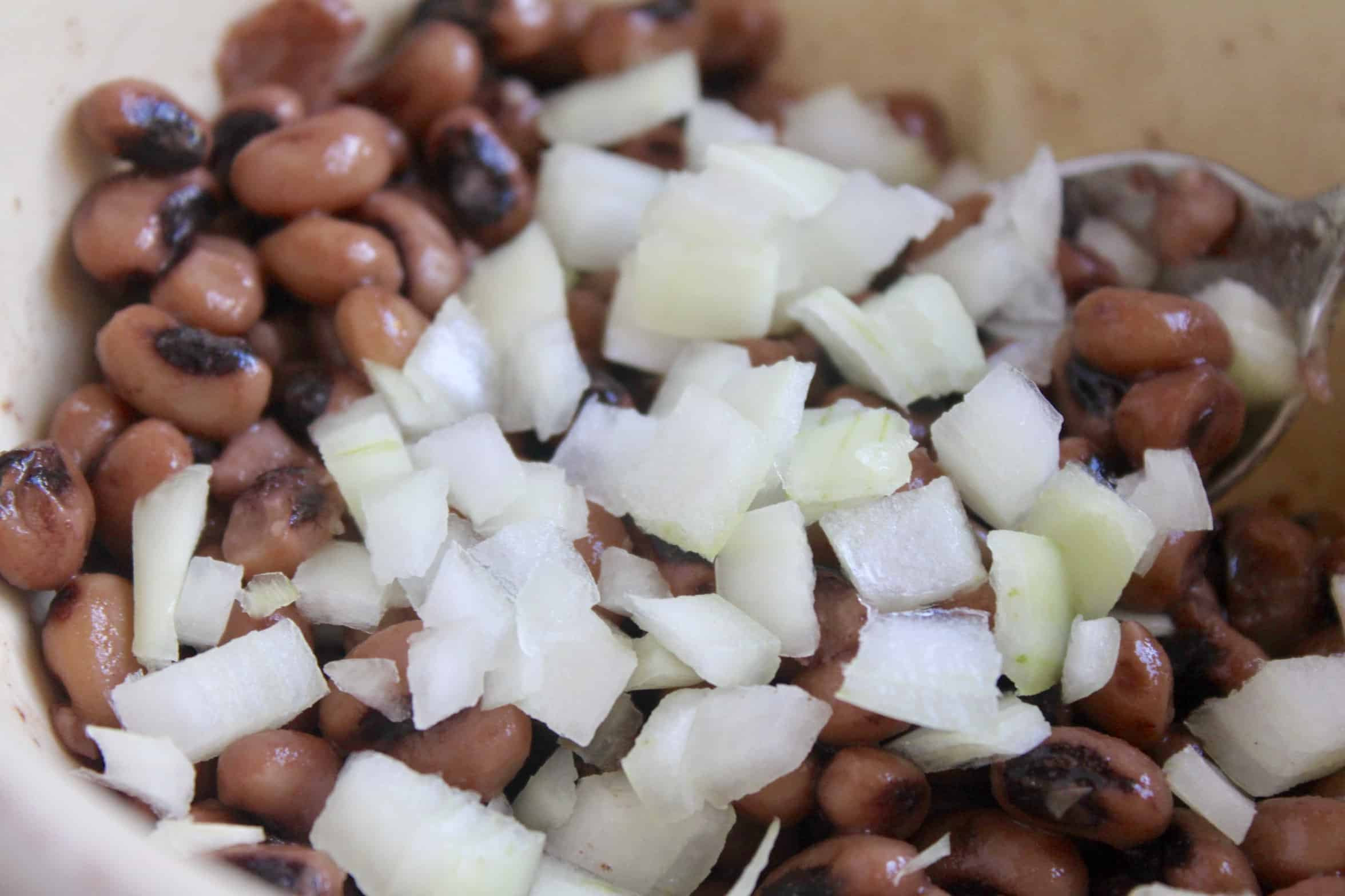 diced onion added to black eyed peas