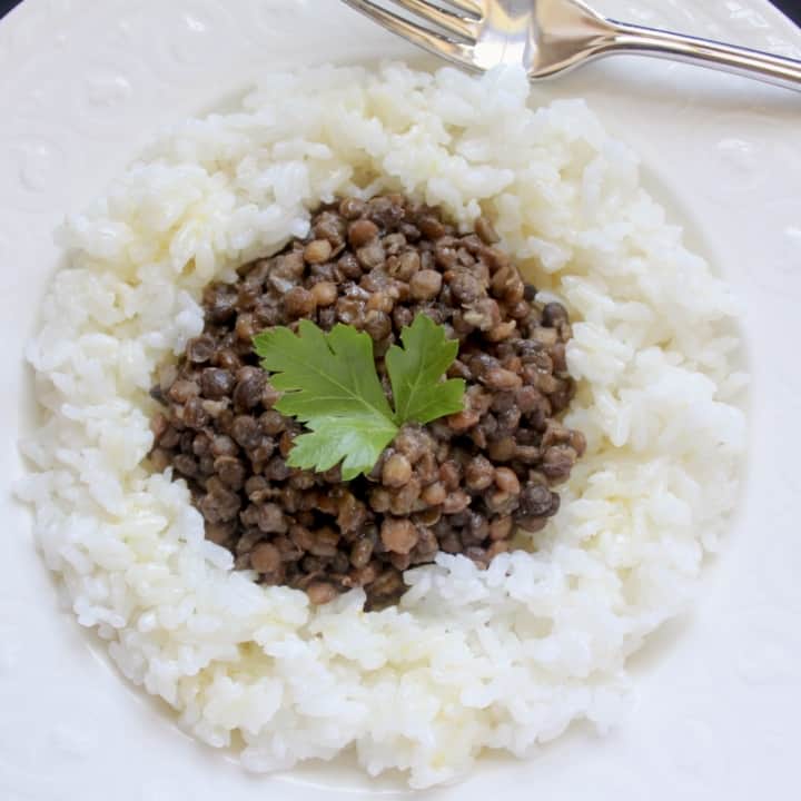 lentils and rice in a white bowl