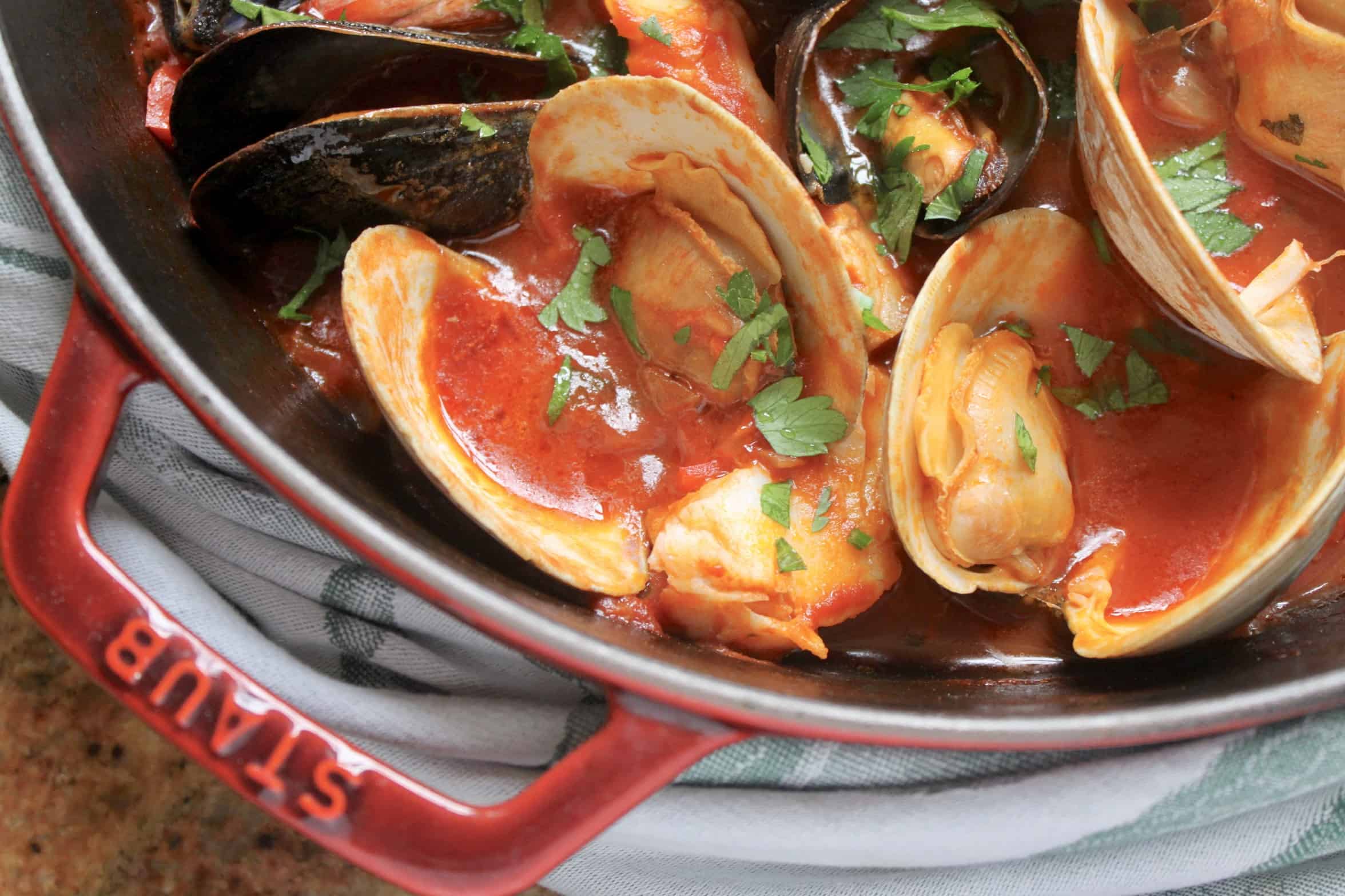 staub pot with cioppino