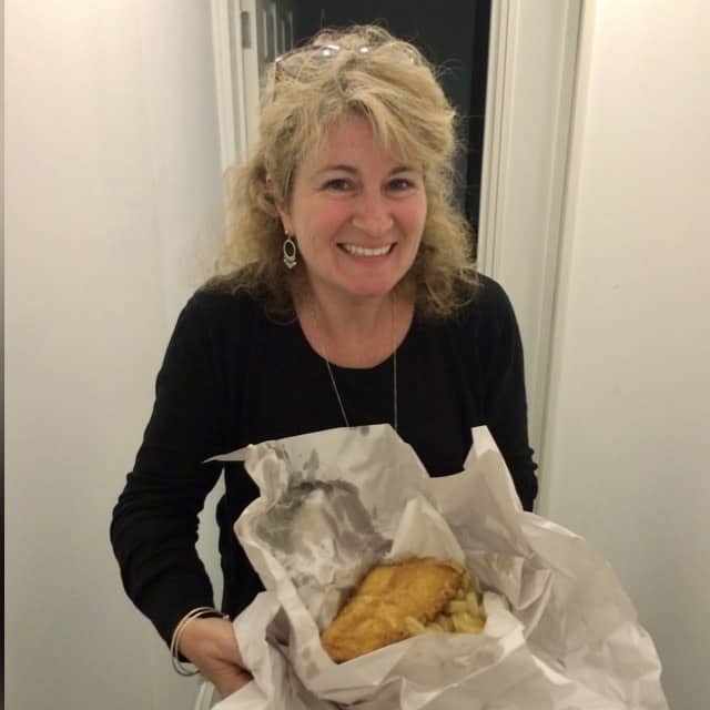 Christina with fish and chips