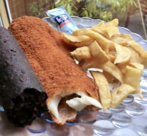 black pudding, fish and chips
