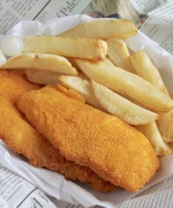 fish and chips in newspaper