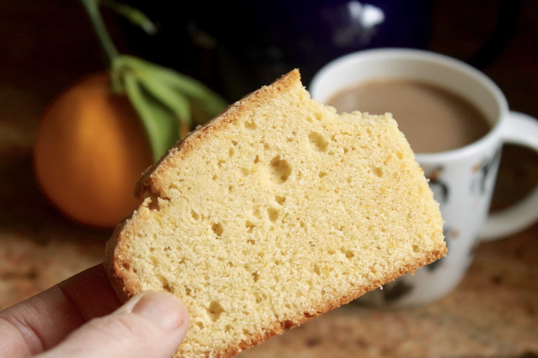 madeira cake slice and mug of tea