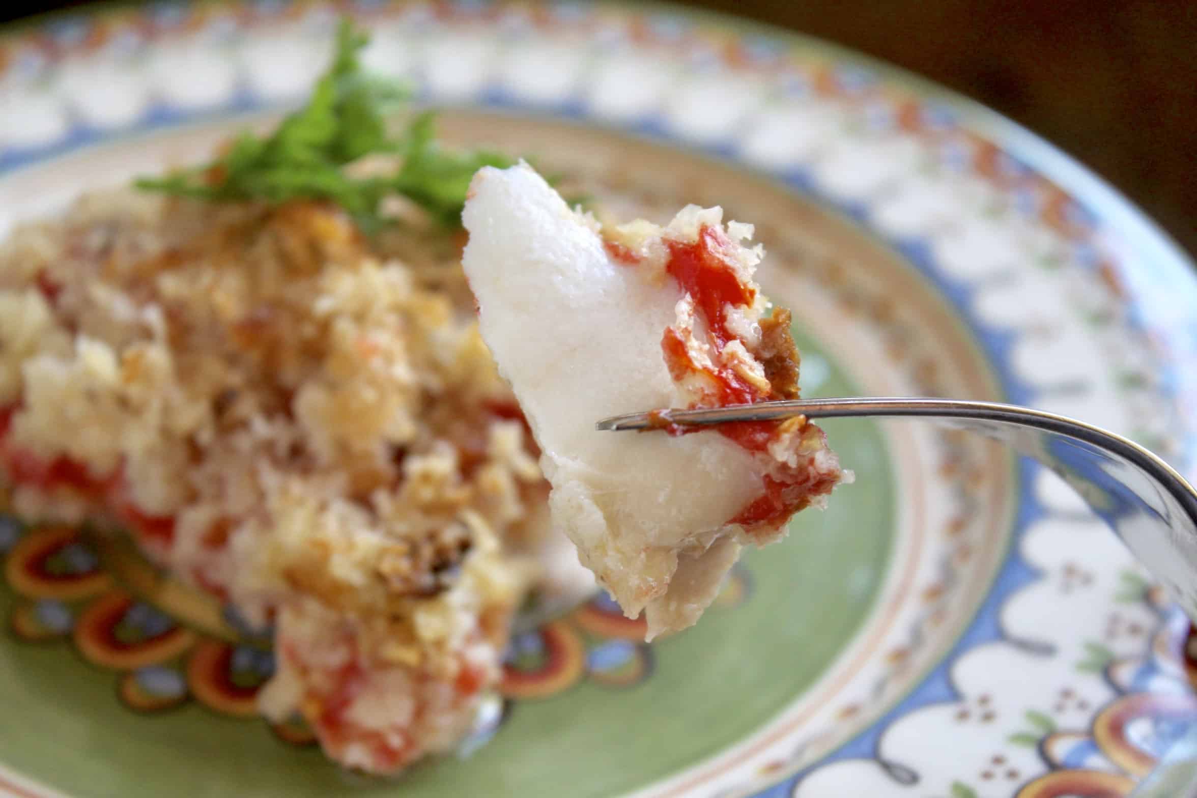 oven baked fish on a fork