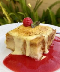 custard bread pudding with raspberry coulis