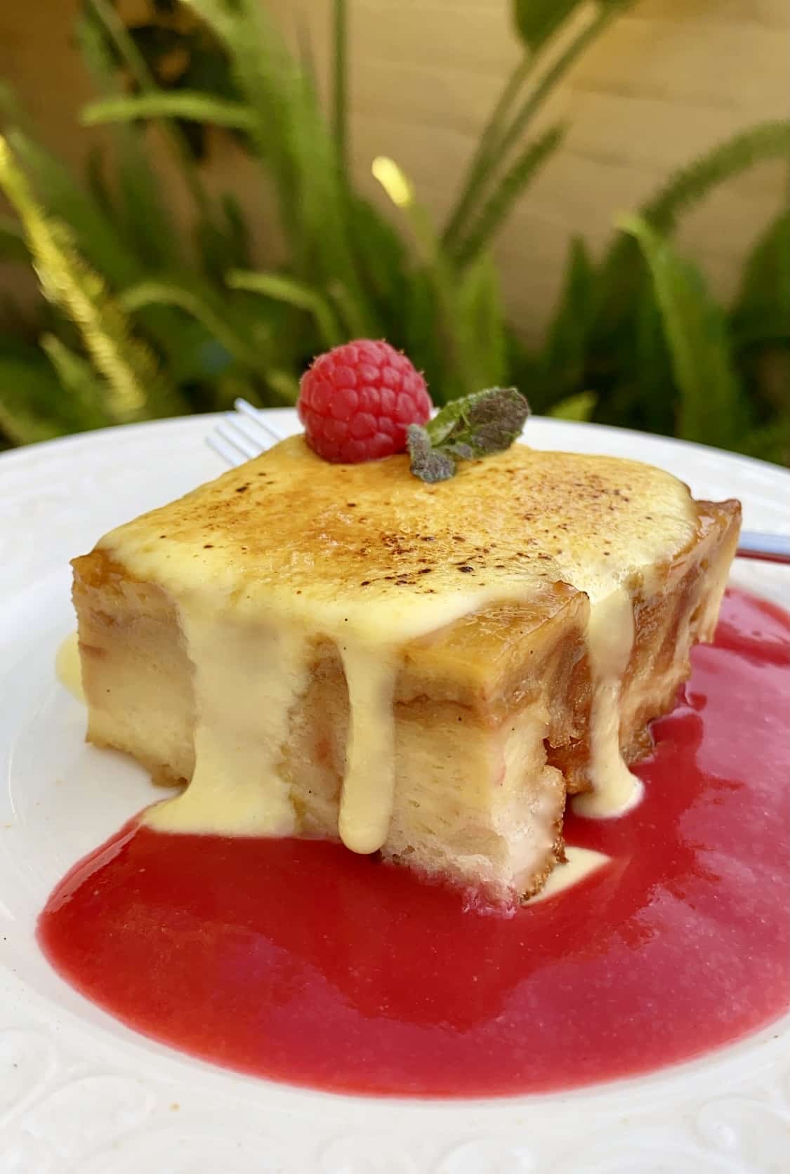 custard bread pudding with raspberry coulis