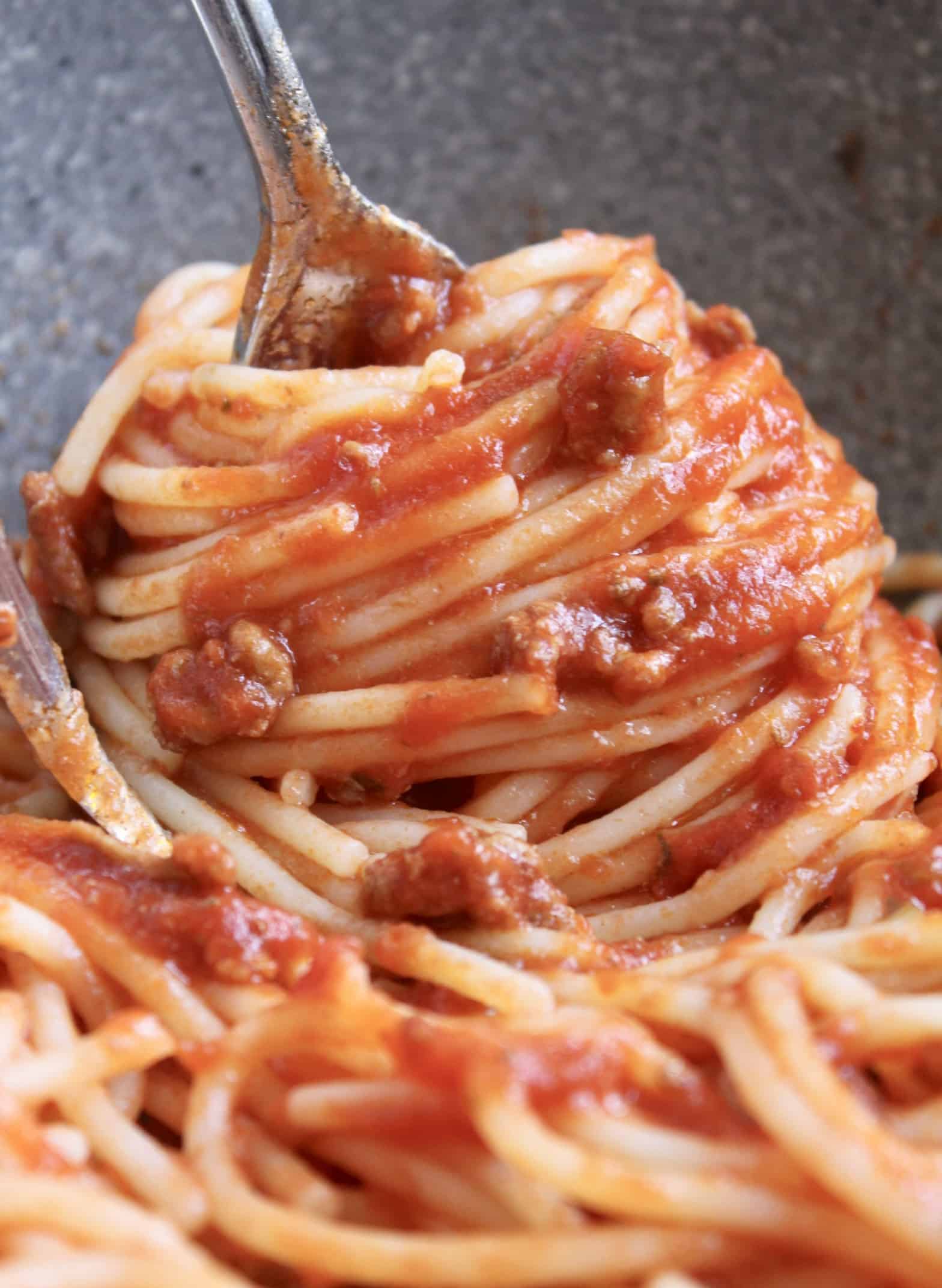 spaghetti twirled to serve